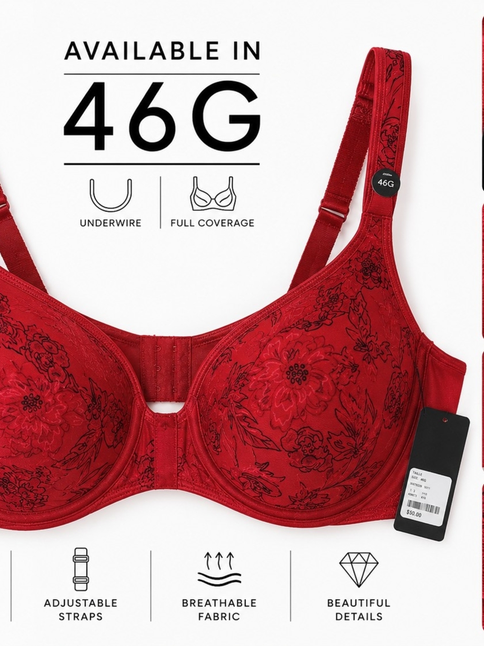 Supportive Red Underwire Full-Coverage Bra with Floral Detail - 46G